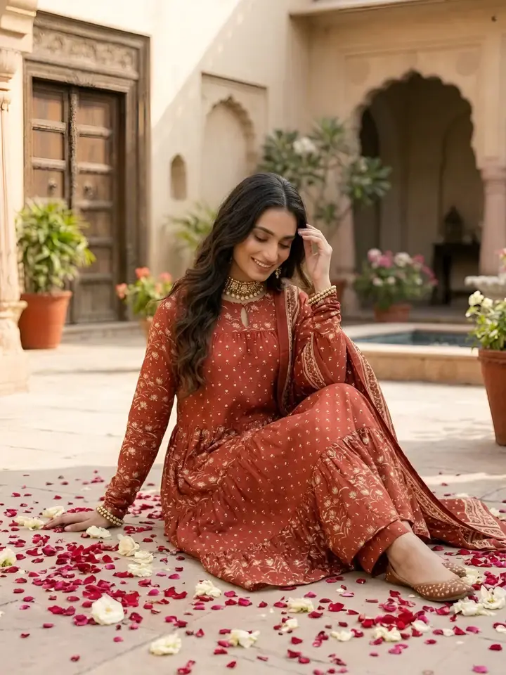 Rust Printed Anarkali Kurta Set With Dupatta for Women