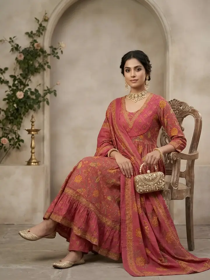 Pink Printed Anarkali Kurta Set With Dupatta for Women