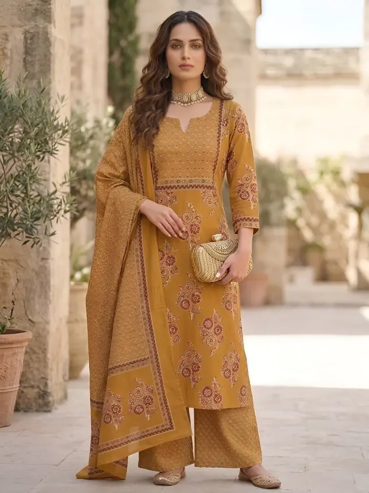 Mustard Printed Straight Kurta Set With Dupatta for Women