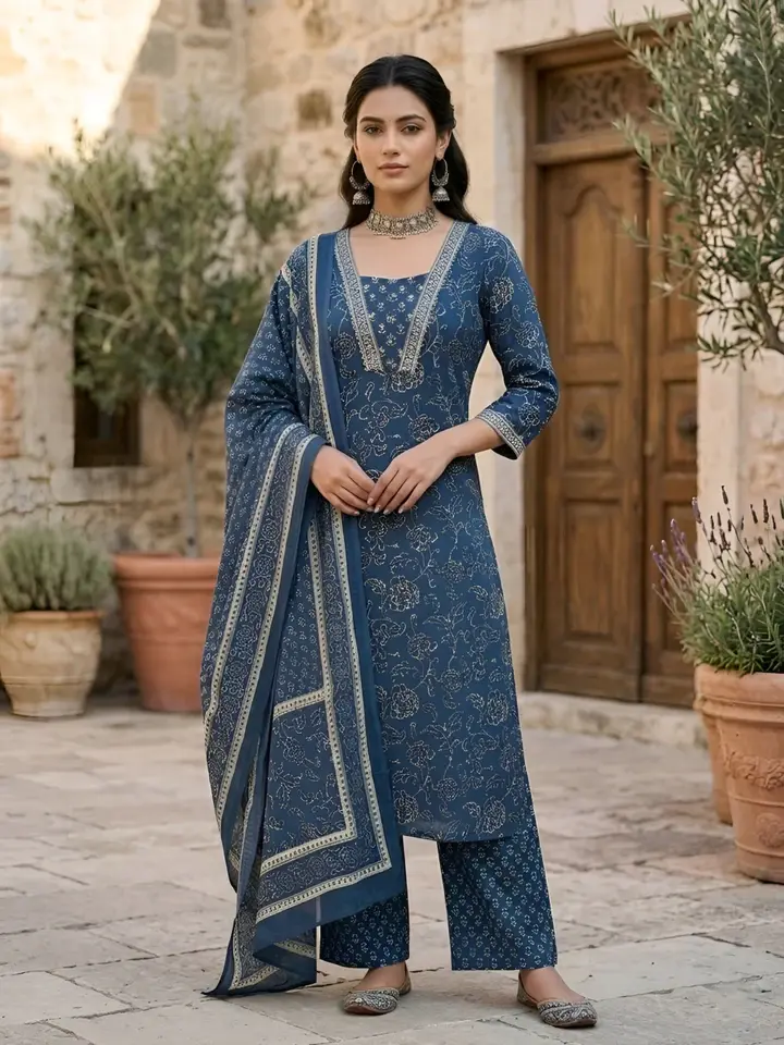 Navy Blue Printed Straight Kurta Set With Dupatta for Women