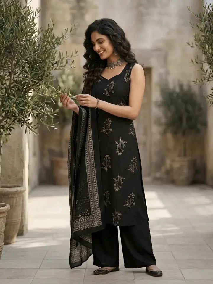 Black Printed Straight Kurta Set With Dupatta for Women