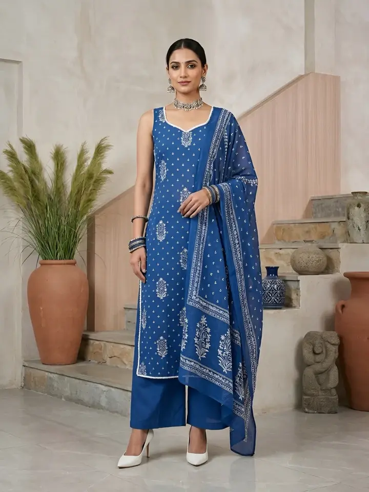 Blue Printed Straight Kurta Set With Dupatta for Women