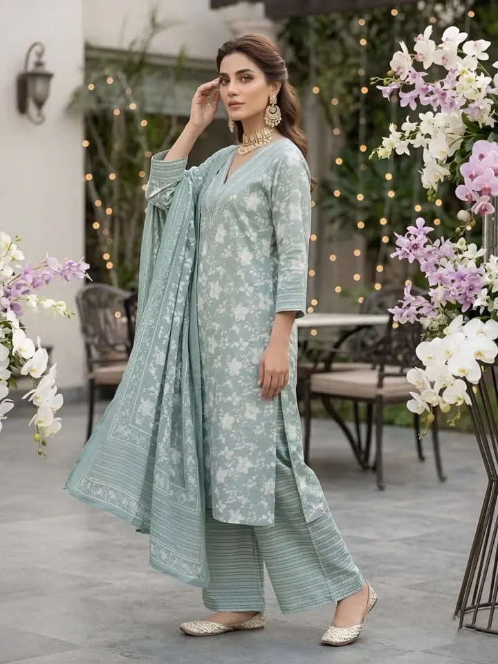 Sage Green Printed Straight Kurta Set With Dupatta for Women