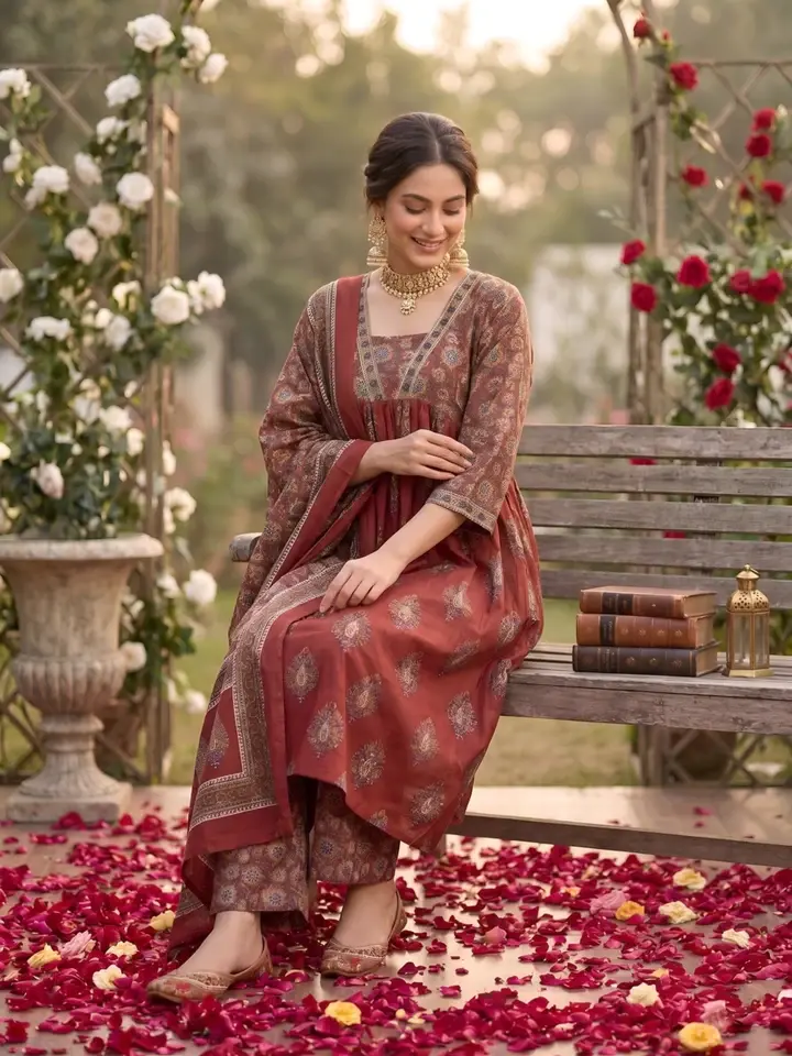Maroon Printed A-Line Kurta Set With Dupatta for Women