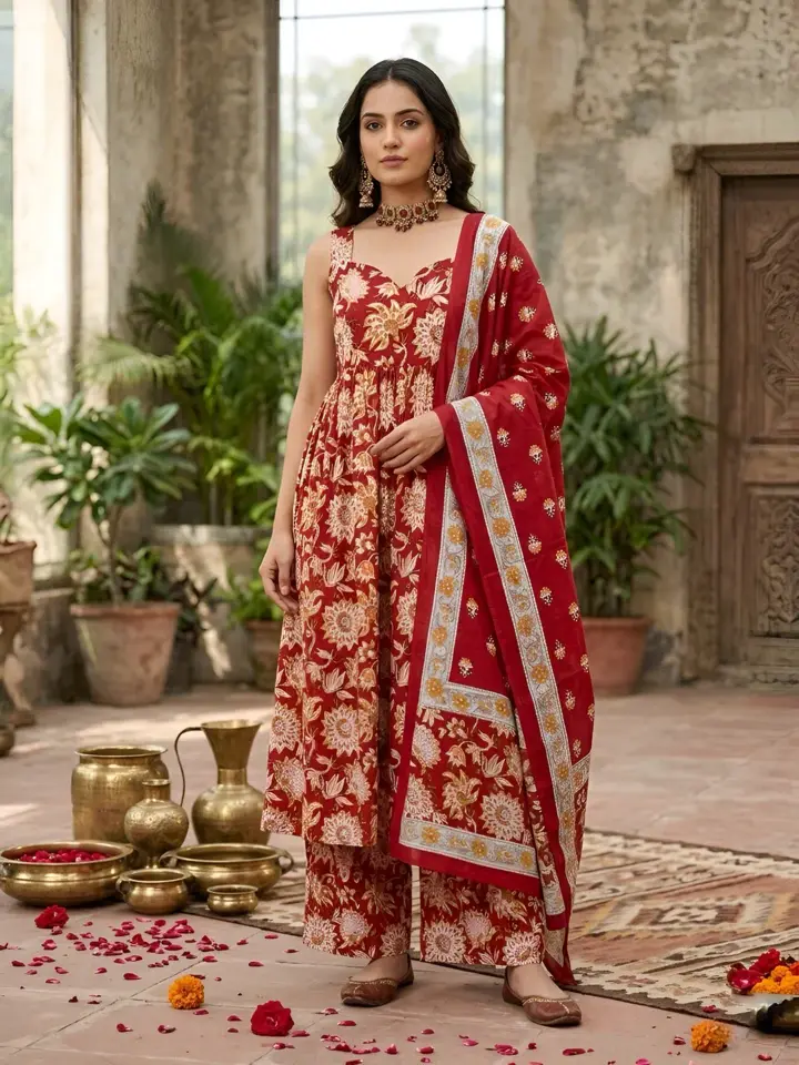 Red Printed Anarkali Kurta Set With Dupatta for Women