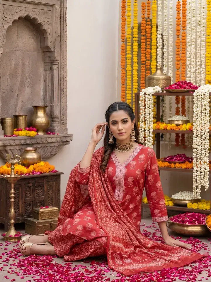 Red Printed Straight Kurta Set With Dupatta for Women