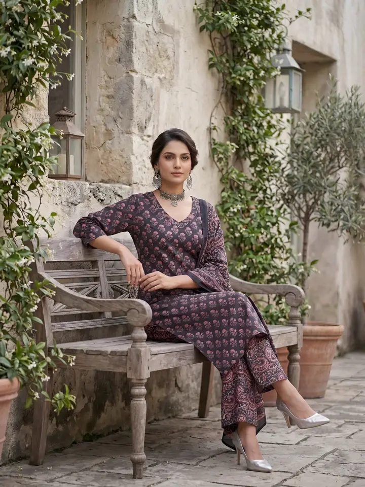 Blue Printed Straight Kurta Set With Dupatta for Women