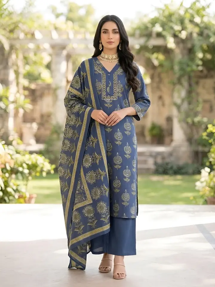 Blue Printed Straight Kurta Set With Dupatta for Women