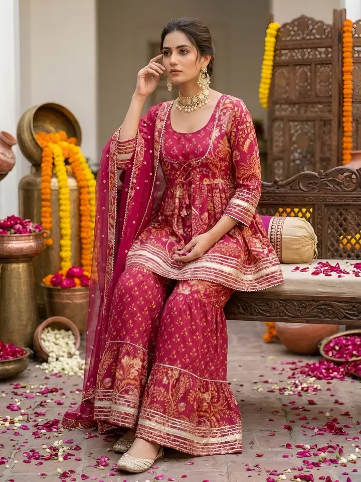 Magenta Printed Peplum Kurta Set With Dupatta for Women