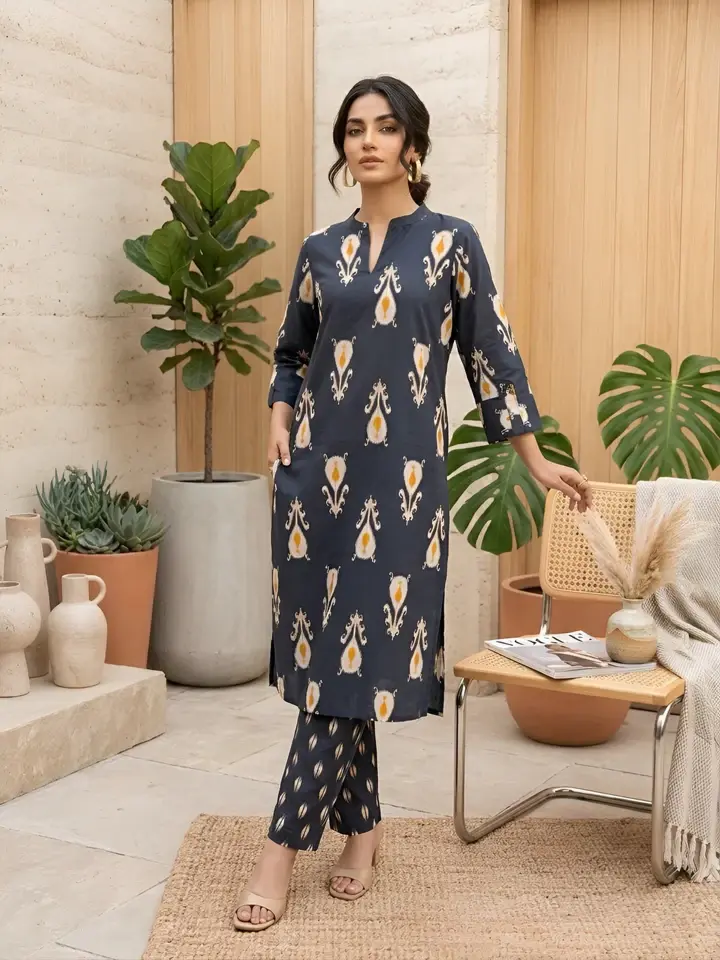 Black Printed Straight Kurta & Trouser Two Pices Set for Women