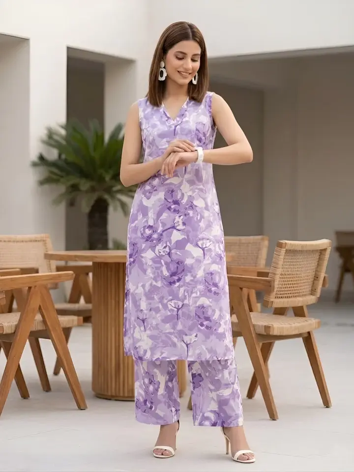 Purple Printed Straight Kurta With Palazzo for Women