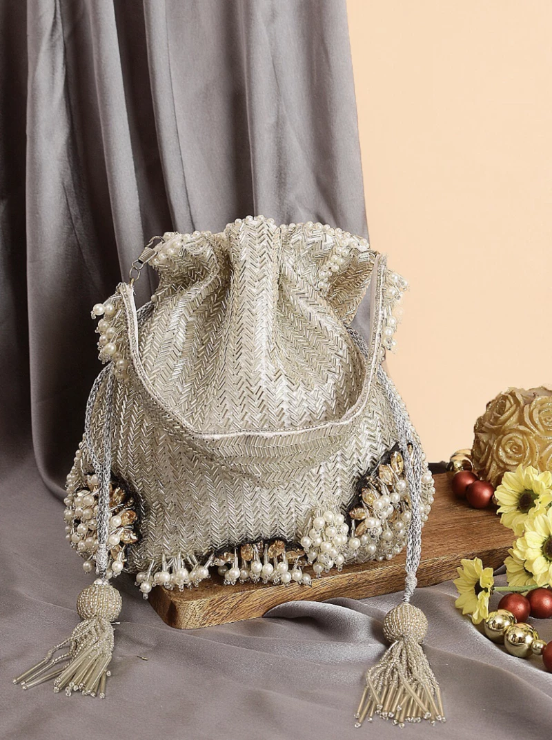 Silver Tubelight Pearl Luxury Potli Bag for Bride
