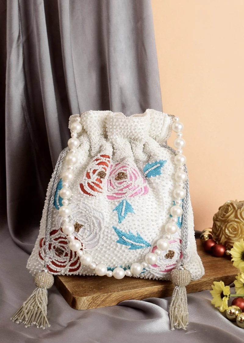 White Pearl Multi Color Flower Potli Bag
