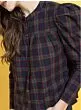 Navy Blue Checked Mandarin Collar Shirt Style Top