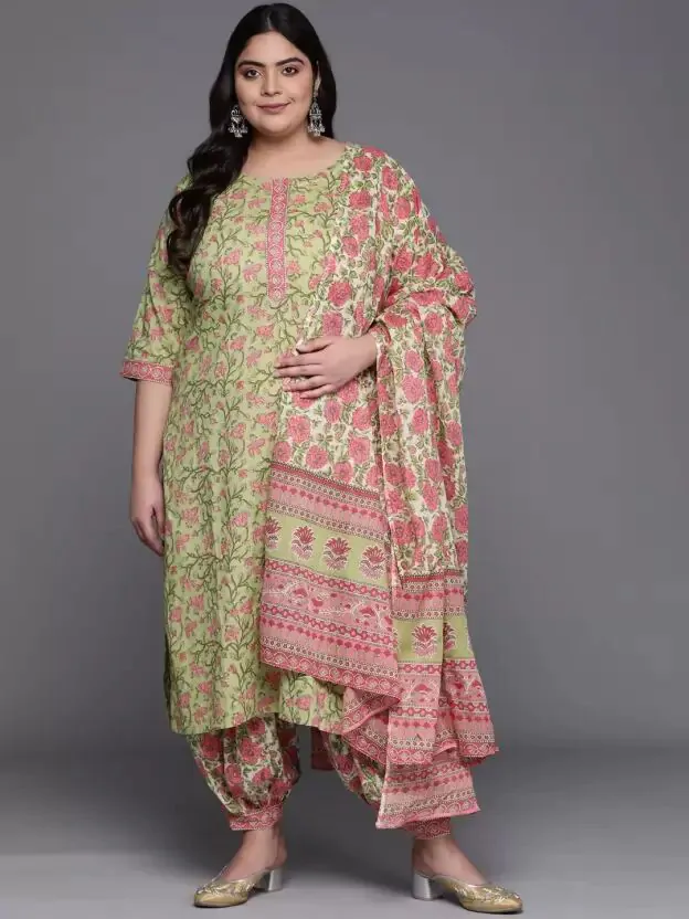 Women Green Floral Printed Pure Cotton Kurta with Salwar & With Dupatta