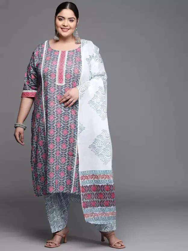 Plus Size Women Blue Floral Motifs Printed Pure Cotton Kurta Set