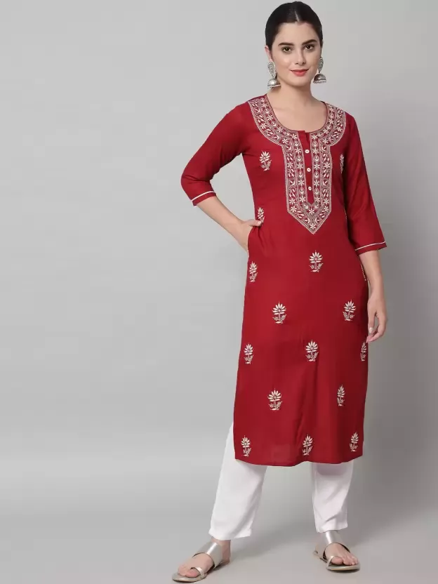 Women Chikan Embroidery Cotton Rayon A-line Kurta (Maroon)