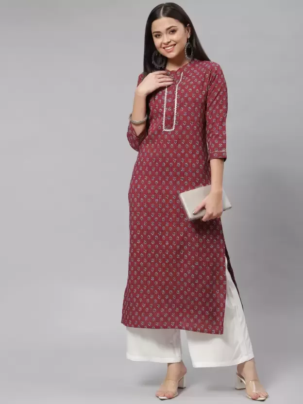 Women Floral Print Viscose Rayon Straight Kurta  (Maroon)