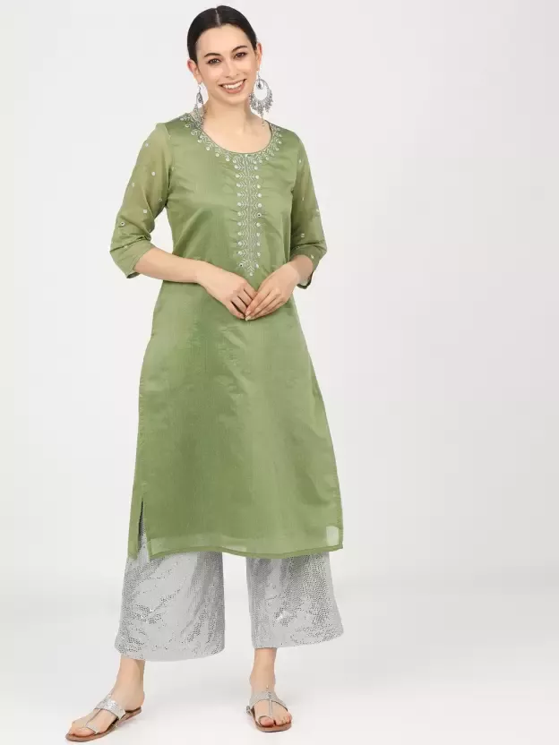 Women Embroidered Cotton Silk Straight Kurta  (Green)