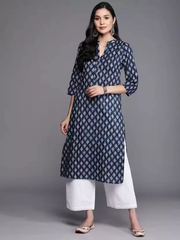 Women Printed Cotton Blend Straight Kurta (Blue)