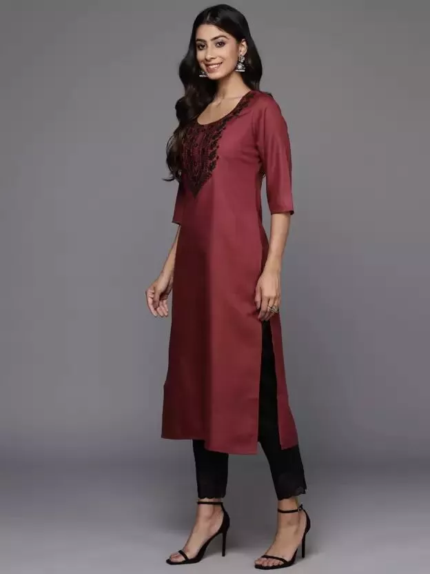 Women Embroidered Cotton Blend Straight Kurta  (Maroon)