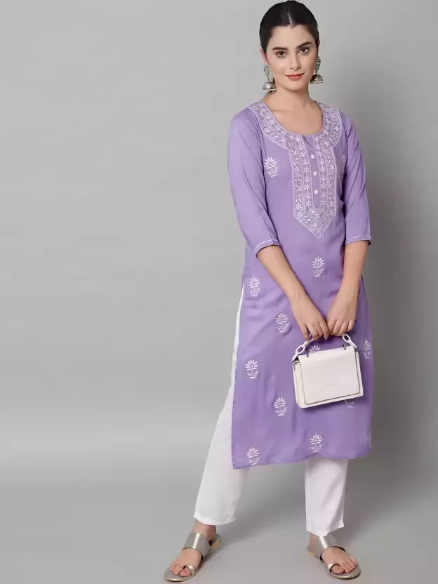 Women Chikan Embroidery Cotton Rayon A-line Kurta  (Purple, White)