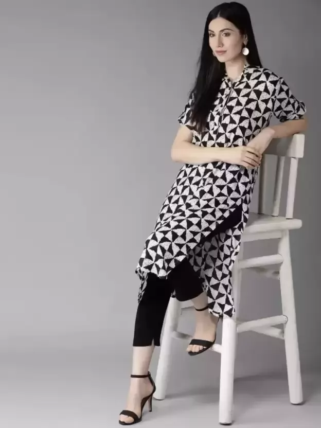 Women Printed Viscose Rayon Straight Kurta (White, Black)