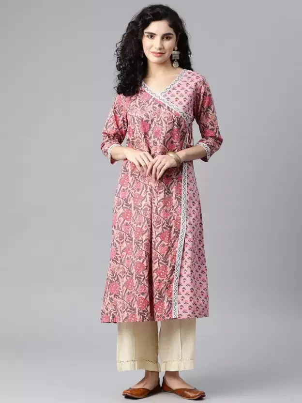 Women Floral Print Pure Cotton A-line Kurta  (Pink)