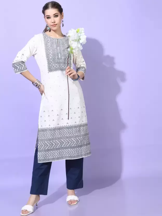 Women Printed Cotton Blend Straight Kurta (Beige)