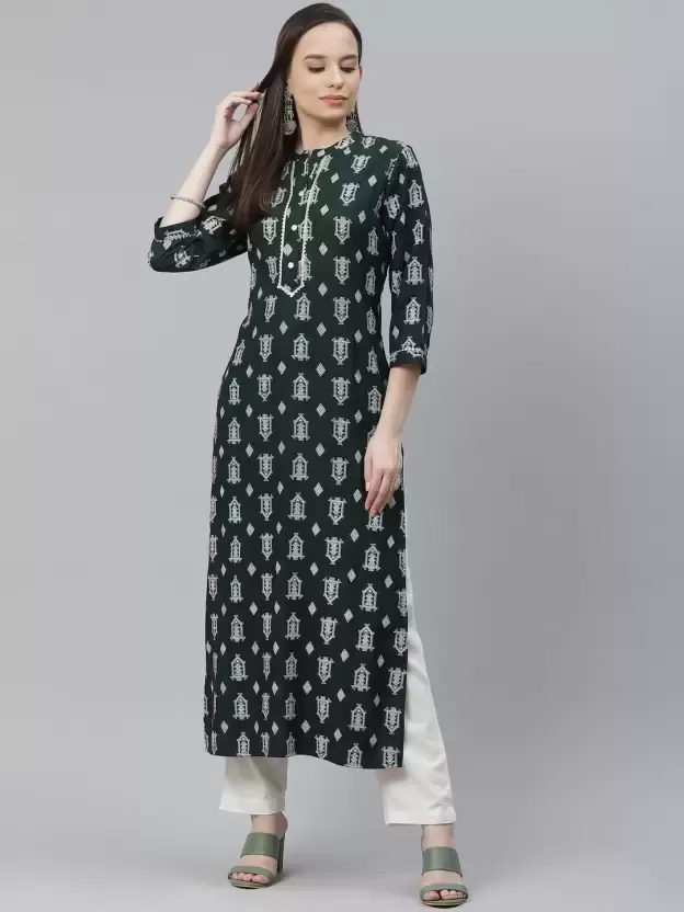 Women Printed Viscose Rayon A-line Kurta (Green)