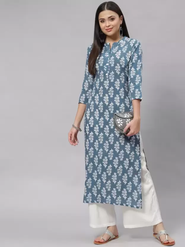 Women Floral Print Pure Cotton Straight Kurta  (Grey, White)