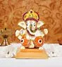 White Stone (Resin) God Ganesha with Rosewooden Base Car Dashboard Decor Statue | Hindu Idol God Ganesh Ganpati Decor Sculpture