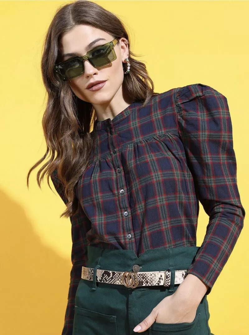 Navy Blue Checked Mandarin Collar Shirt Style Top