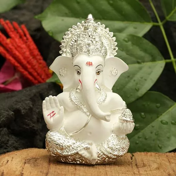 Ganesha Idol Silver Plated Ganesh for Car Dashboard Statue Ganpati Figurine Luck & Success