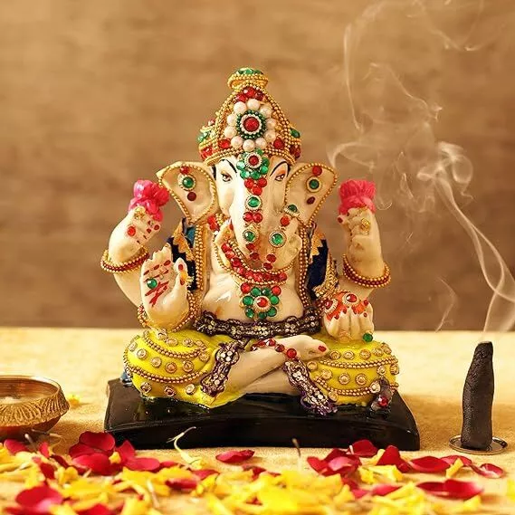 Ganesha Idol Statue Showpiece Figurine (Resin, Multi, 16 cm x 14 cm x 7 cm)