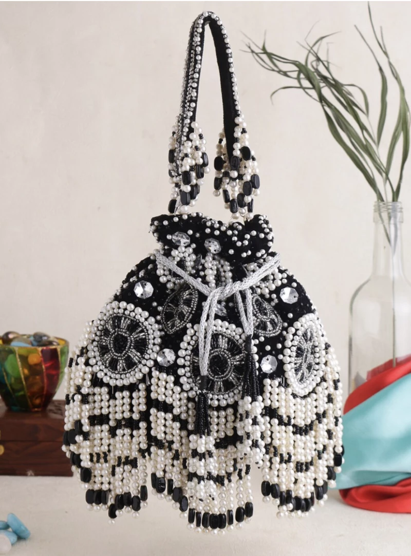 Black and White Beaded Pearl Bridal Potli Bag