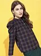 Navy Blue Checked Mandarin Collar Shirt Style Top