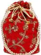 Red Women Round Velvet Stylish Potli Pouches with Pearl Handle