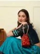 Red Women Round Velvet Stylish Potli Pouches with Pearl Handle
