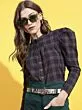 Navy Blue Checked Mandarin Collar Shirt Style Top