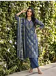 Blue Printed Straight Kurta Set With Dupatta for Women