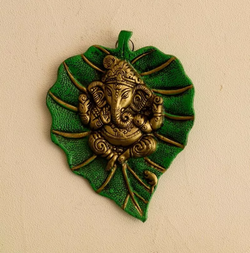 Metal Golden Lord Ganesha on Green Leaf Wall Hanging Sculpture