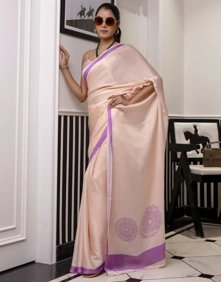 Women Handsfree Cream Satin Printed Saree