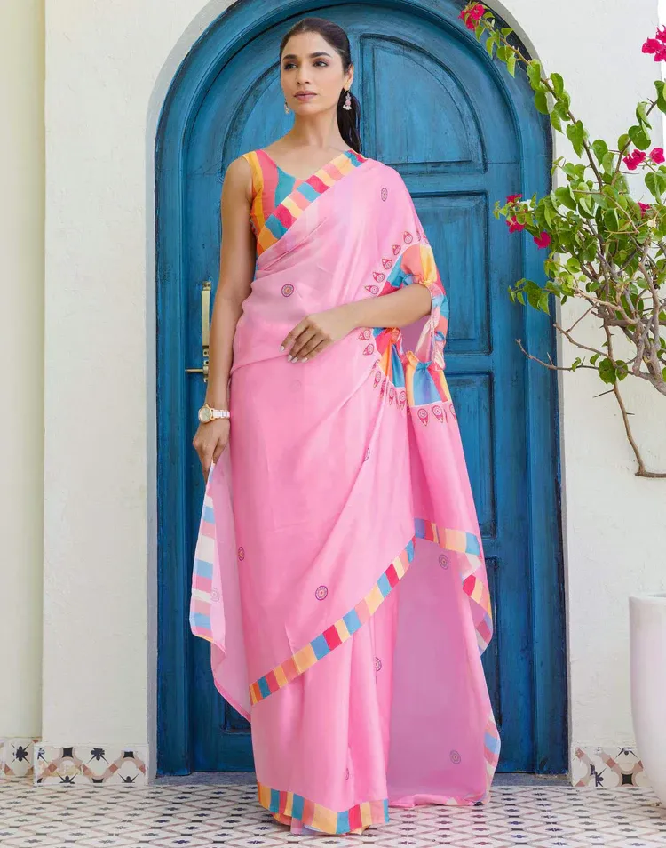 Handsfree Light Pink Satin Printed Sare