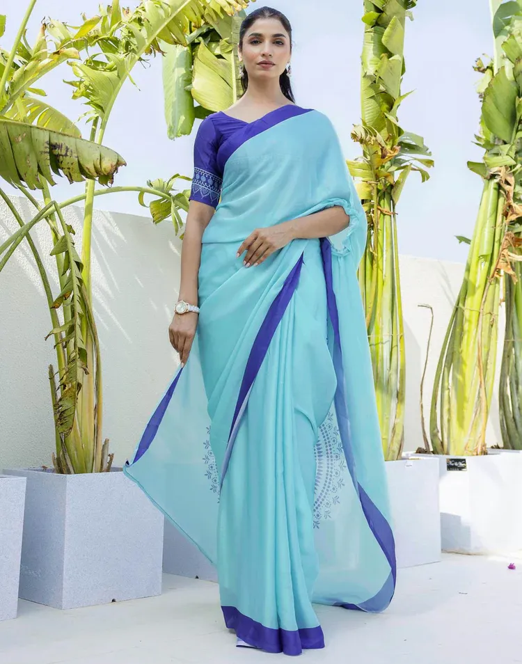 Women Handsfree Light Blue Satin Printed Saree