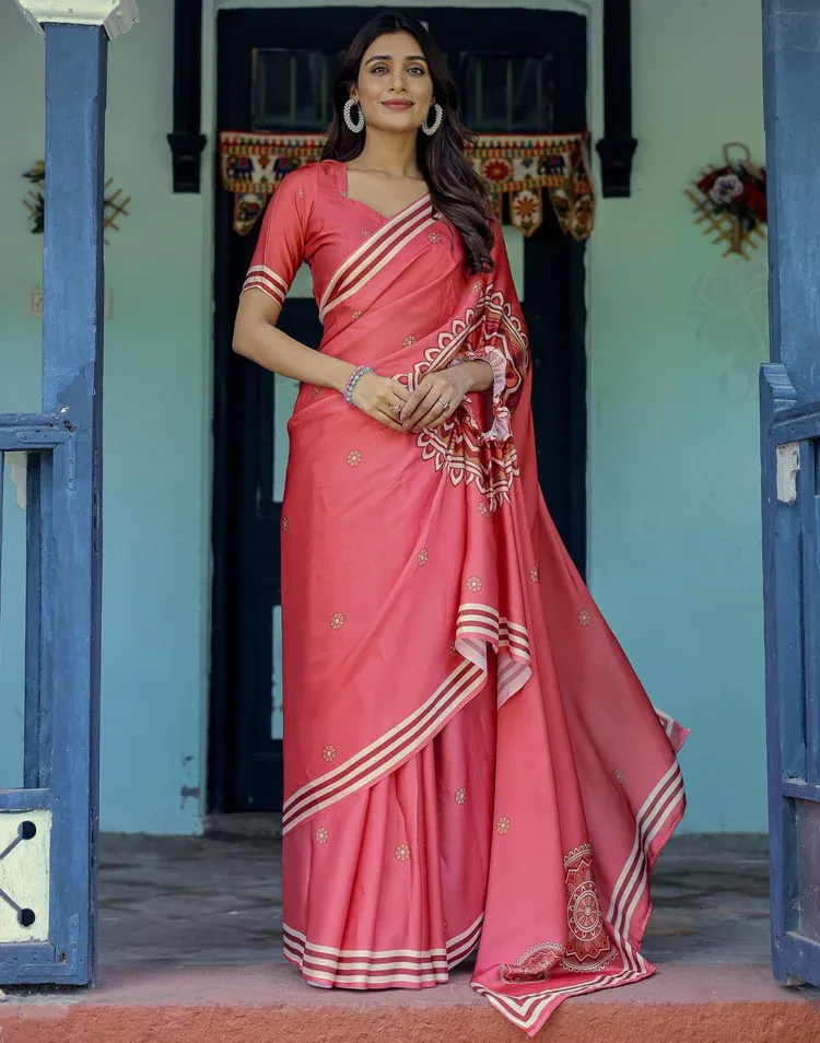Handsfree Light Red Satin Floral Printed Saree