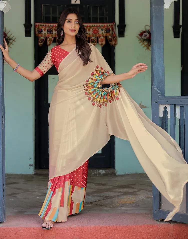 Handsfree Off White Satin Printed Saree