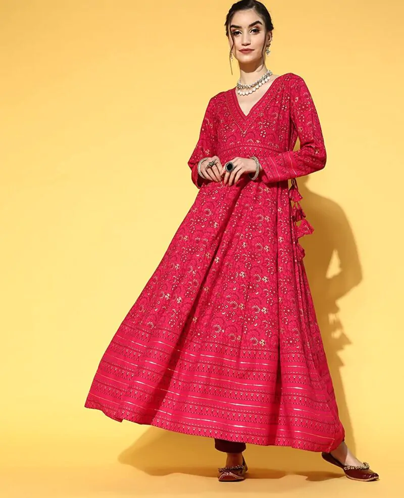 Womens Rayon Gold Print Anarkali Kurta (Pink)