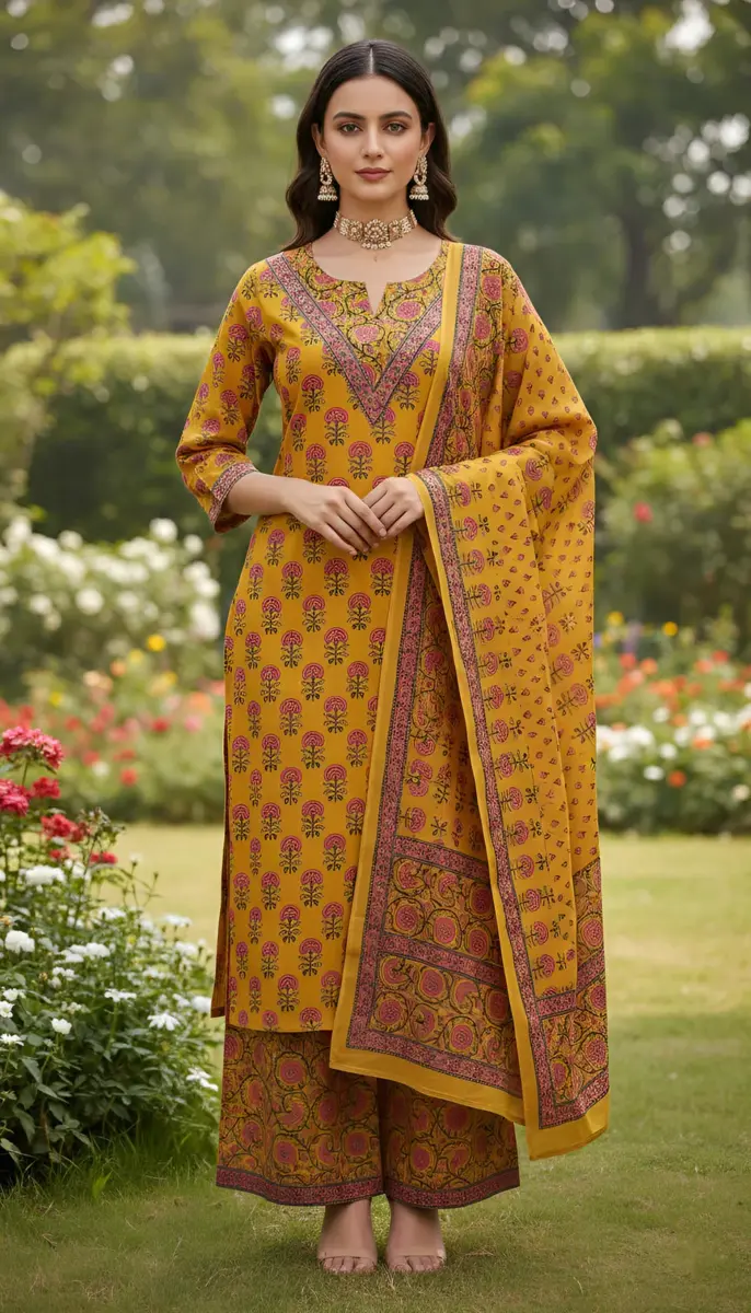 Yellow Printed Straight Kurta Set With Dupatta for Women