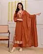 Women's Plus Size Rayon Orange Embroidered Kurta and pant set With Dupatta